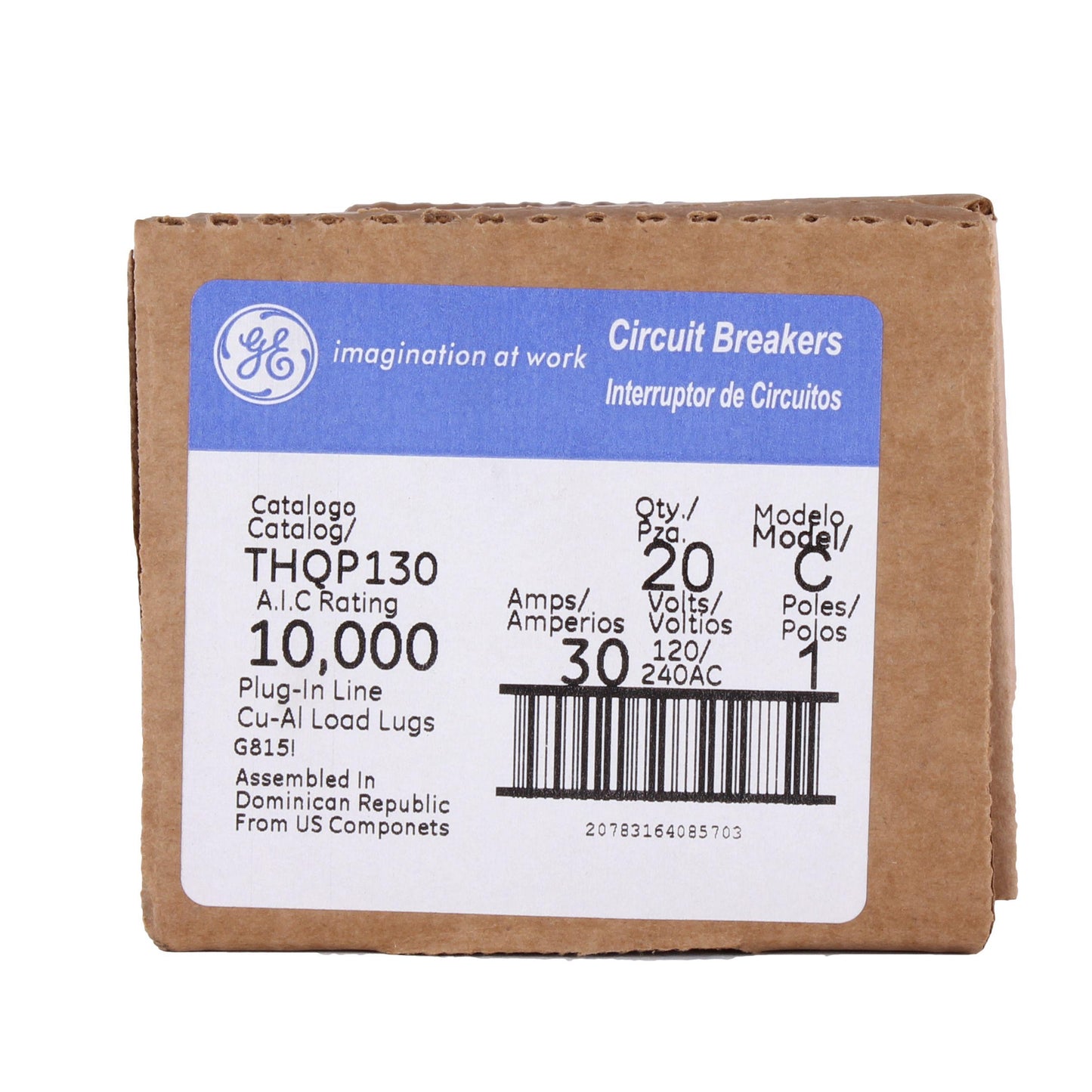 GE Q-Line® THQP130 Type THQP Compact Molded Case Circuit Breaker, 120/240 VAC, 30 A, 10 kA Interrupt, 1 Pole, Non-Interchangeable Thermal Magnetic/LI Trip