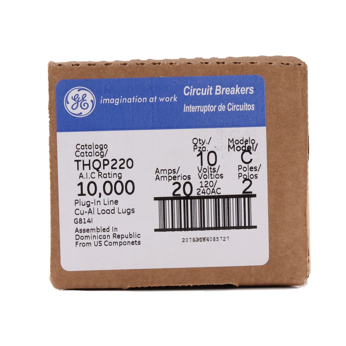 GE Q-Line® THQP220 Type THQP Compact Molded Case Circuit Breaker, 240 VAC, 20 A, 10 kA Interrupt, 2 Poles, LI/Non-Interchangeable Thermal Magnetic Trip