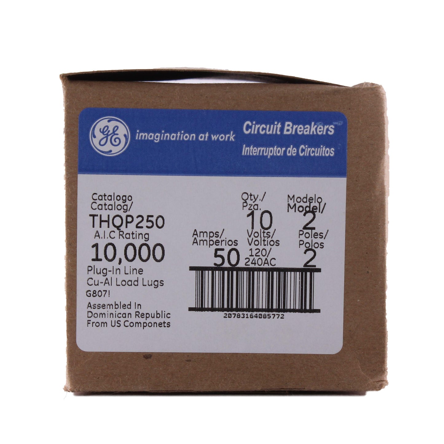 GE Q-Line® THQP250 Type THQP Molded Case Circuit Breaker, 120/240 VAC, 50 A, 10 kA Interrupt, 2 Poles, LI/Non-Interchangeable Thermal Magnetic Trip