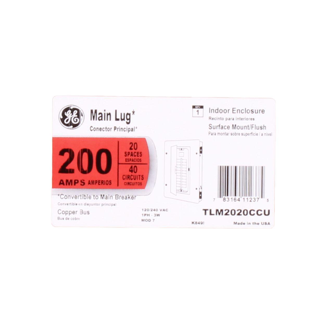 GE PowerMark Gold Industrial Solutions TLM2020CCU 1-Phase Standard Convertible Main Lug Loadcenter, 120/240 VAC, 200 A, 1 Pole, 22 kA Interrupt