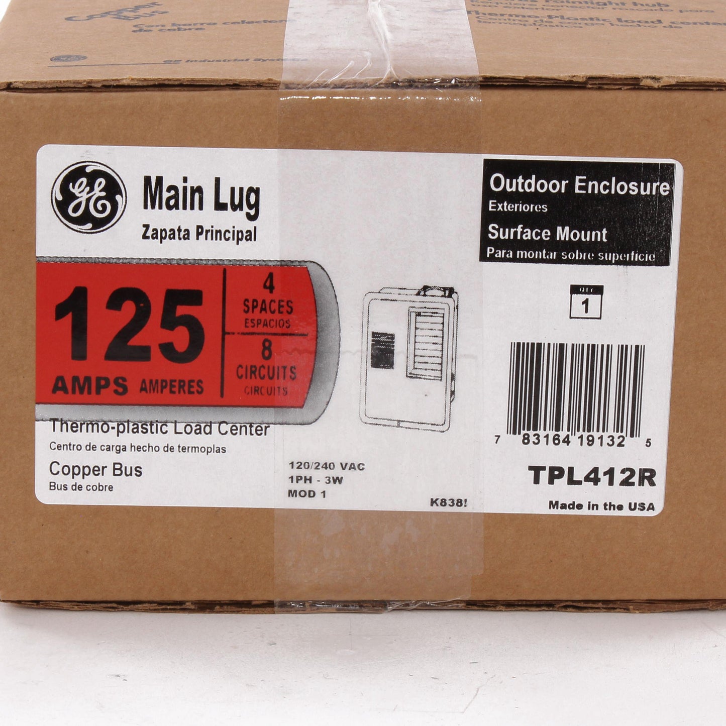 GE PowerMark Gold TPL412R 1-Phase Standard Main Lug Load Center, 120/240 VAC, 125 A, 1 Pole, 10 kA Interrupt