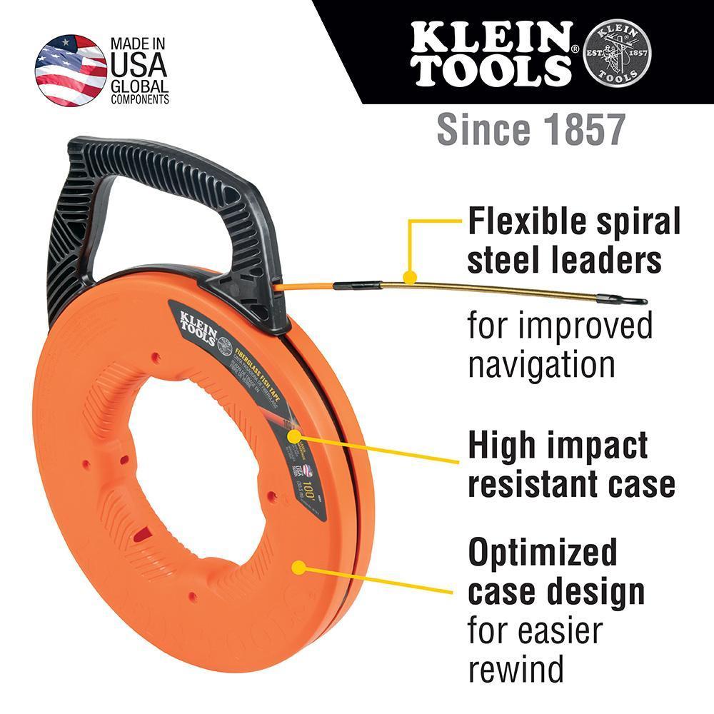 Klein® 56351 Fiberglass Fish Tape with Spiral Steel Leader, 100-Ft