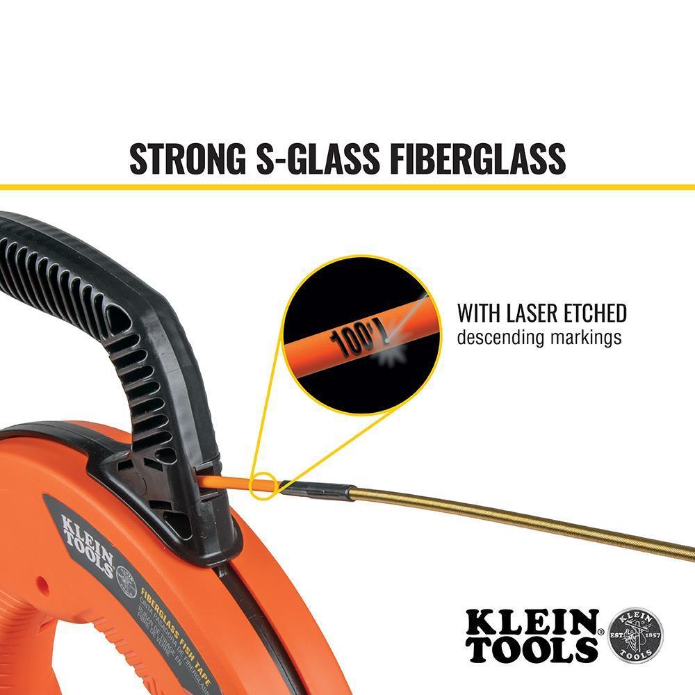 Klein® 56351 Fiberglass Fish Tape with Spiral Steel Leader, 100-Ft