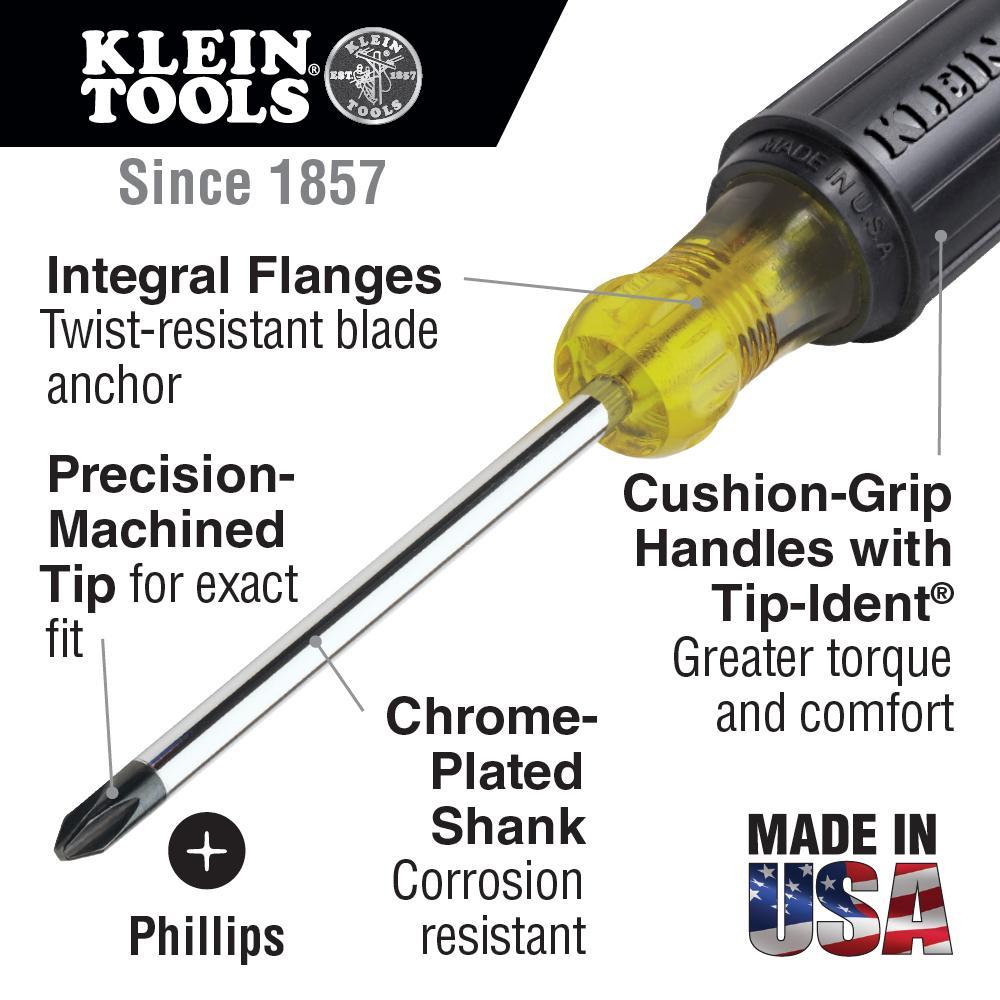 Klein® Cushion-Grip 603-4 Screwdriver, #2 Phillips Point, Steel Shank, 8-1/4 in OAL, Acetate Handle, Polished Chrome, ANSI/ASME Specified
