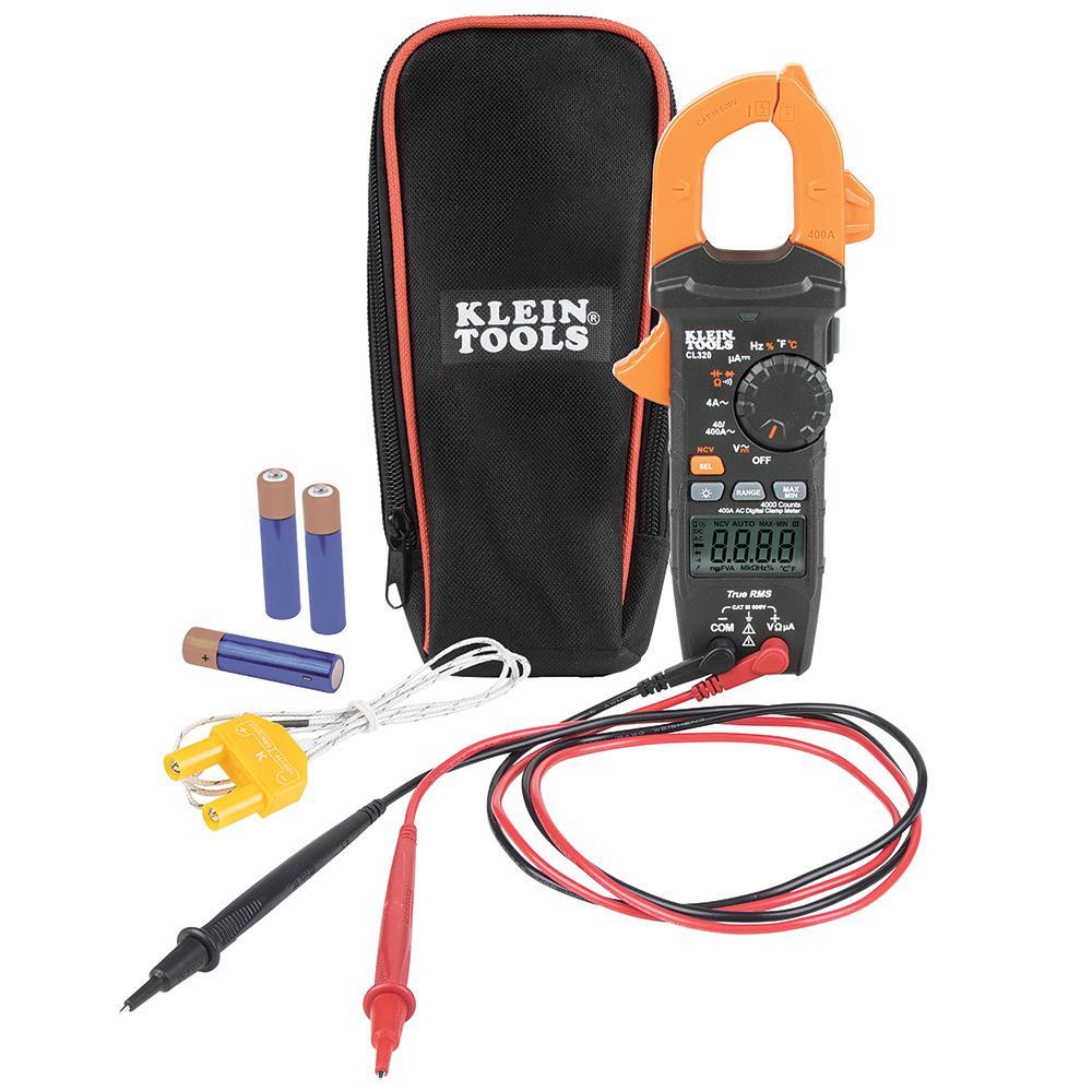 Klein® CL320 HVAC Digital Clamp Meter, 600 VAC/VDC, 400 A AC, 40 Mohm, 10 Hz to 1 MHz, 1.61 in Jaw, Backlit LCD Display