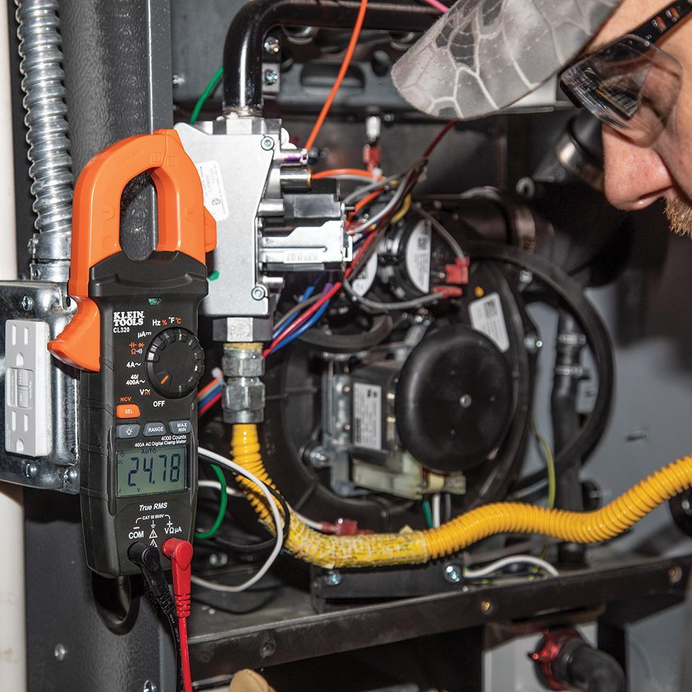Klein® CL320 HVAC Digital Clamp Meter, 600 VAC/VDC, 400 A AC, 40 Mohm, 10 Hz to 1 MHz, 1.61 in Jaw, Backlit LCD Display