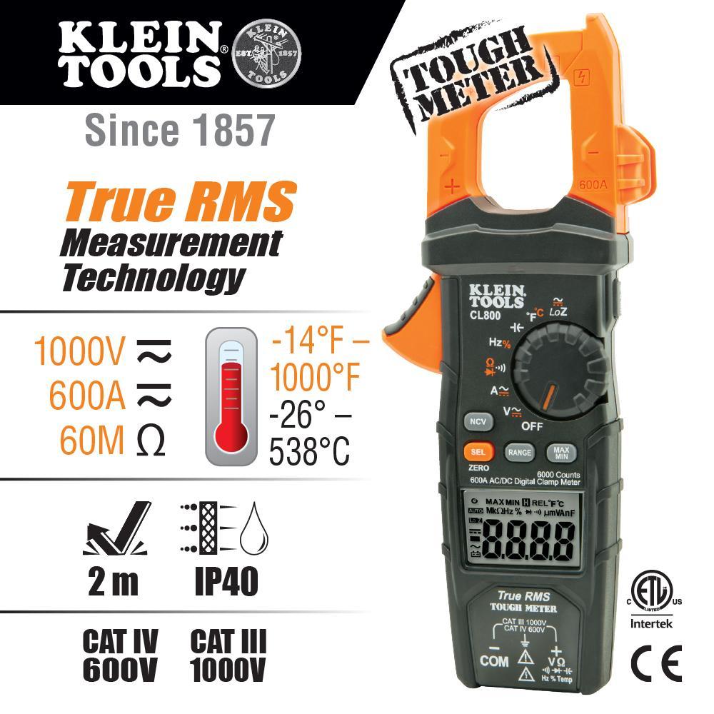 Klein® CL800 AC Auto-Ranging Low Impedance Mode Auto Off Digital Clamp Meter, 1000 VAC/VDC, 600 A, 60 MOhm, 50 to 400 Hz, 1-3/8 in Jaw, LCD Display