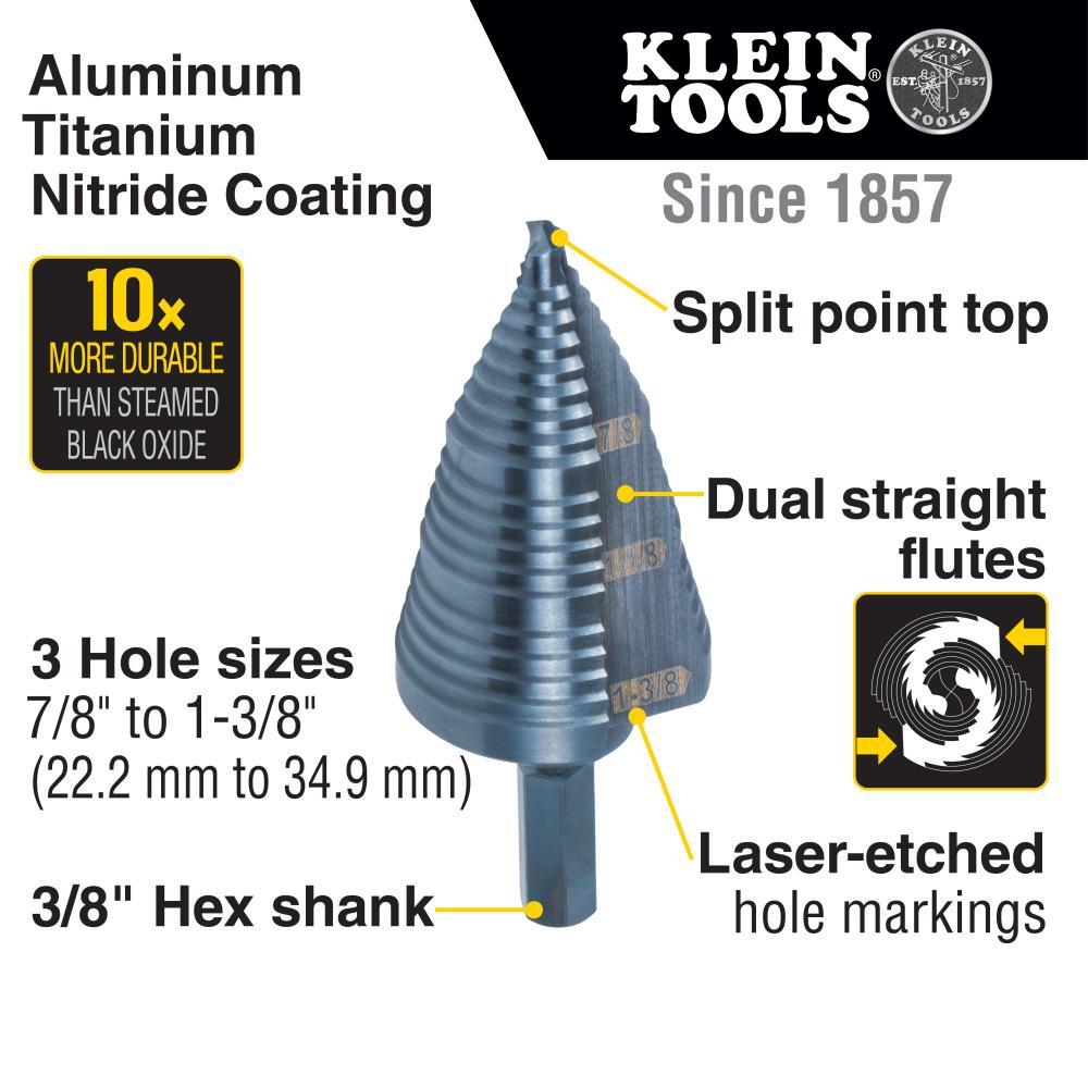 Klein® KTSB15 Step Drill Bit, 7/8 in Min Hole Dia, 1-3/8 in Max Hole Dia, Steel, 3 Hole Sizes, 3/8 in Shank