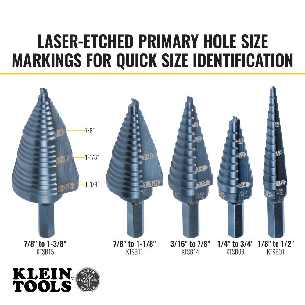 Klein® KTSB15 Step Drill Bit, 7/8 in Min Hole Dia, 1-3/8 in Max Hole Dia, Steel, 3 Hole Sizes, 3/8 in Shank