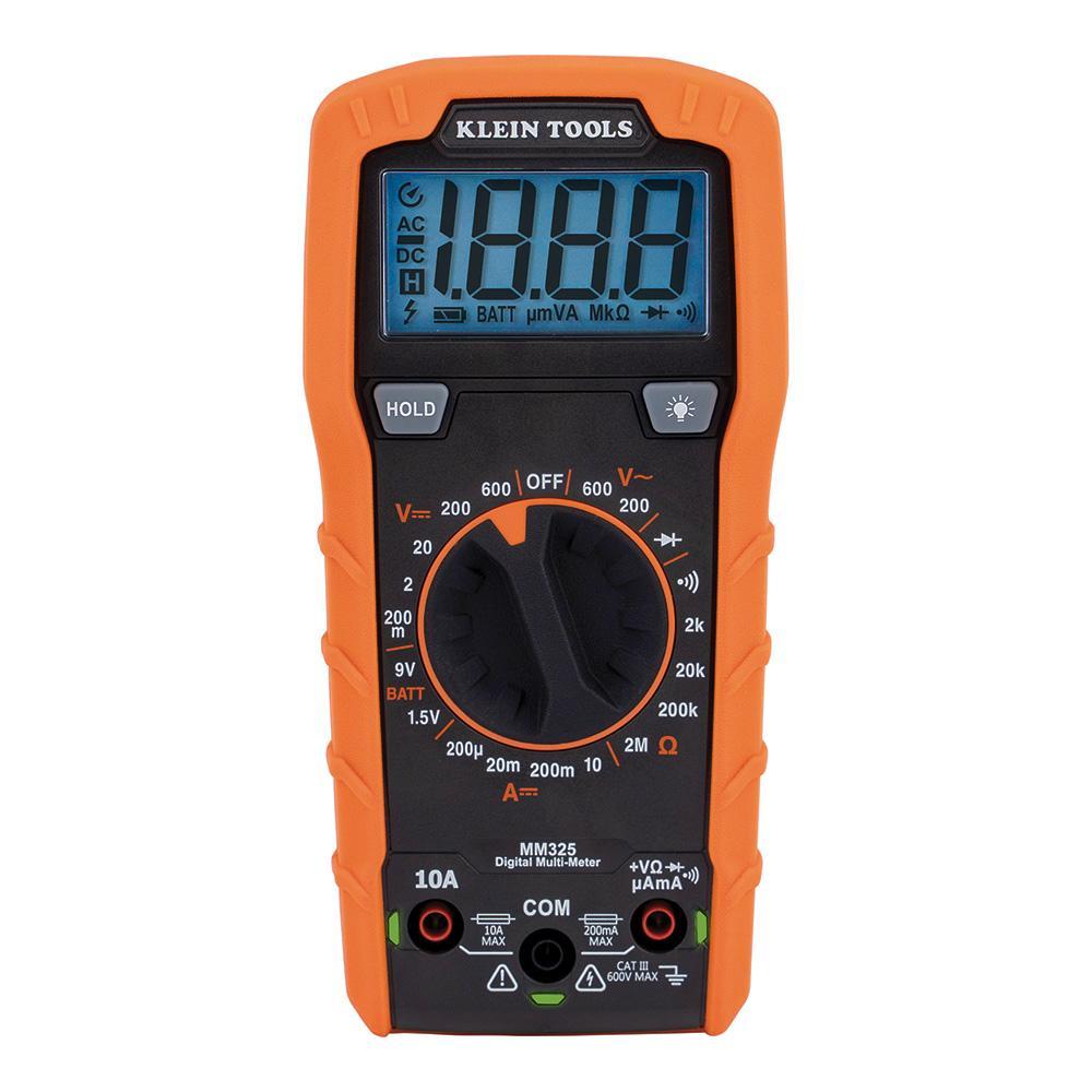 Klein® MM325 Manual-Ranging Multimeter, 600 VAC/VDC, 10 A, 2 mOhm, LCD Display
