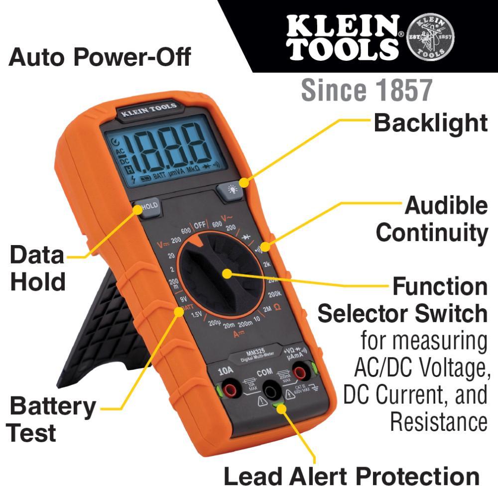 Klein® MM325 Manual-Ranging Multimeter, 600 VAC/VDC, 10 A, 2 mOhm, LCD Display