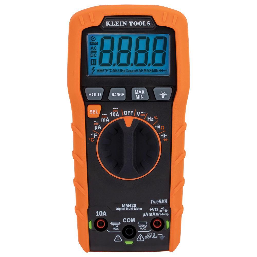 Klein® MM420 Auto-Ranging Multimeter, 600 VAC/VDC, 10 A, 50 mOhm, LCD Display