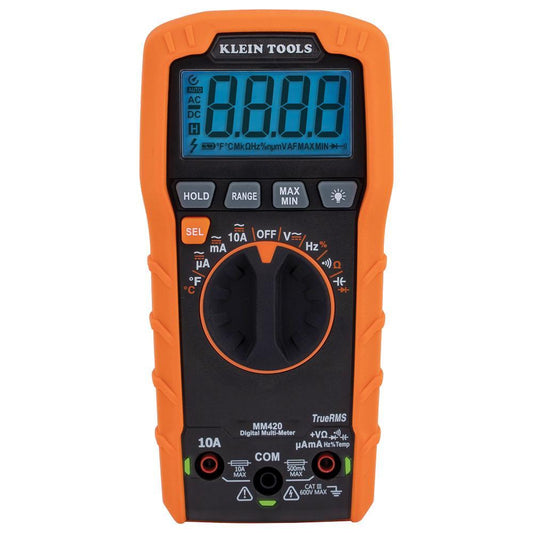 Klein® MM420 Auto-Ranging Multimeter, 600 VAC/VDC, 10 A, 50 mOhm, LCD Display