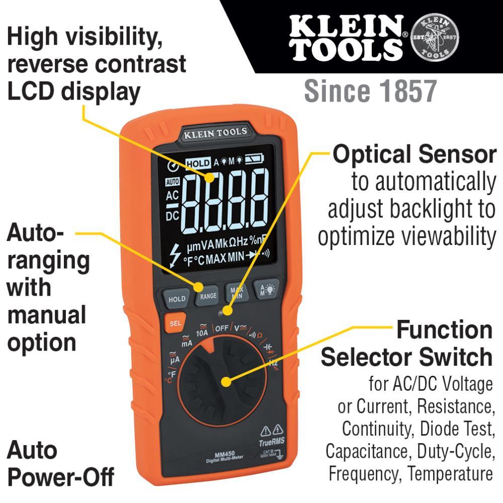 Klein® MM450 Auto-Ranging Multimeter, 600 VAC/VDC, 10 A, 50 mOhm, LCD Display