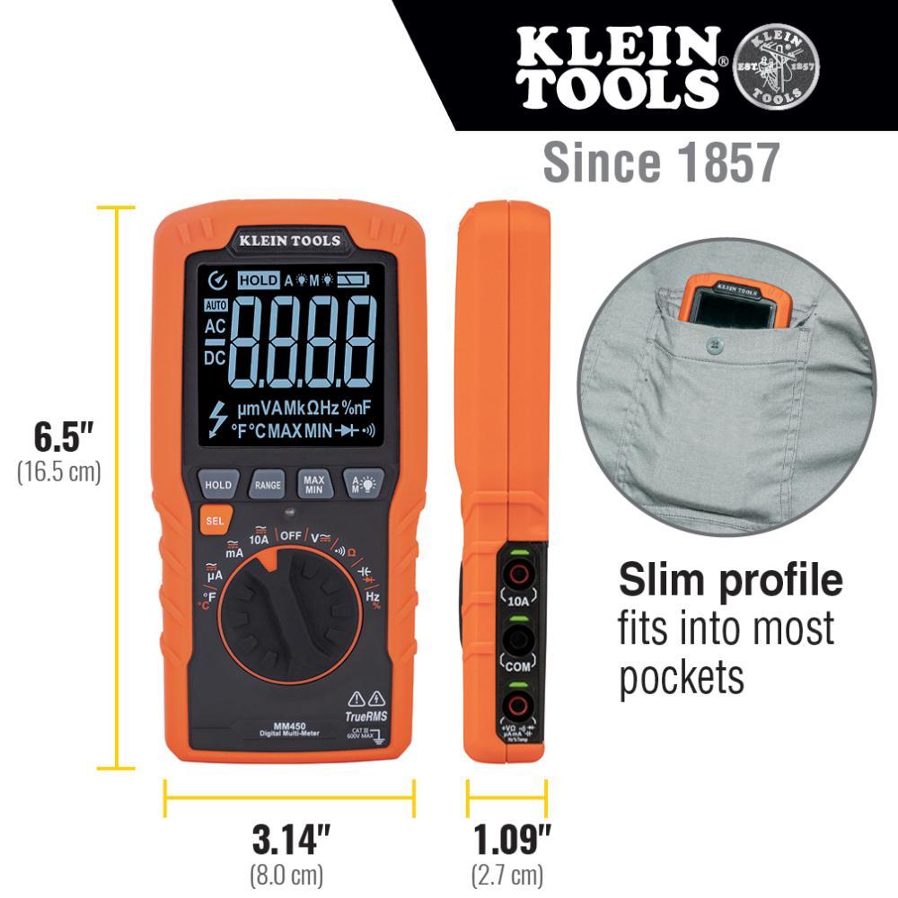 Klein® MM450 Auto-Ranging Multimeter, 600 VAC/VDC, 10 A, 50 mOhm, LCD Display