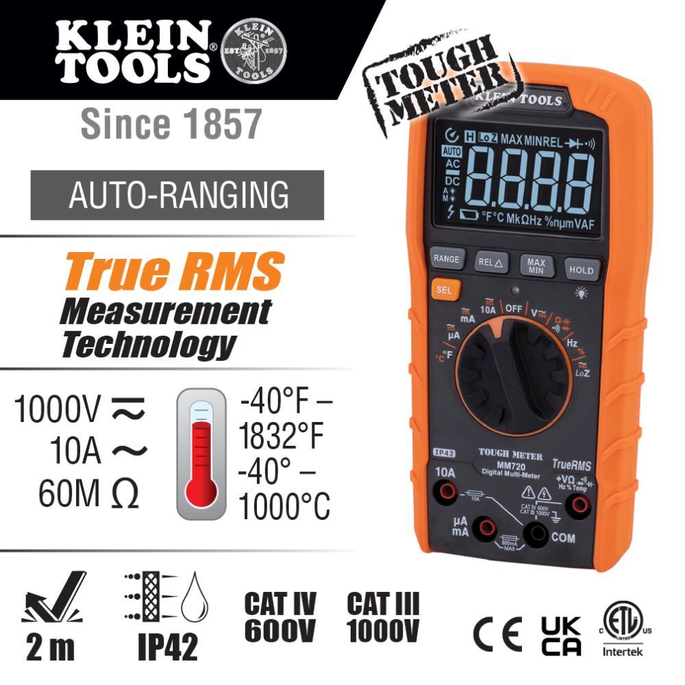Klein® MM720 Auto-Ranging Multimeter, 1000 VAC/VDC, 10 A, 60 mOhm, LCD Display
