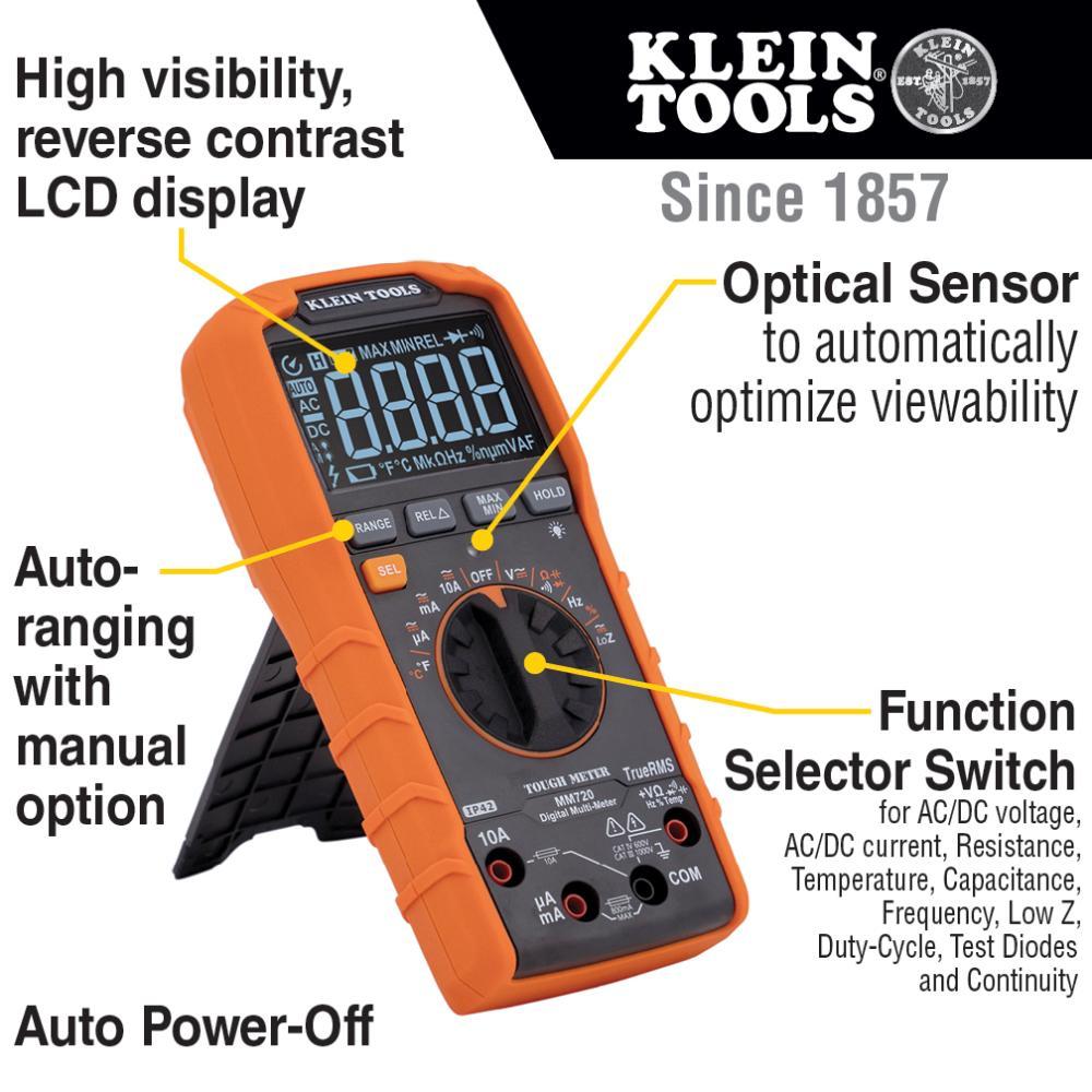 Klein® MM720 Auto-Ranging Multimeter, 1000 VAC/VDC, 10 A, 60 mOhm, LCD Display