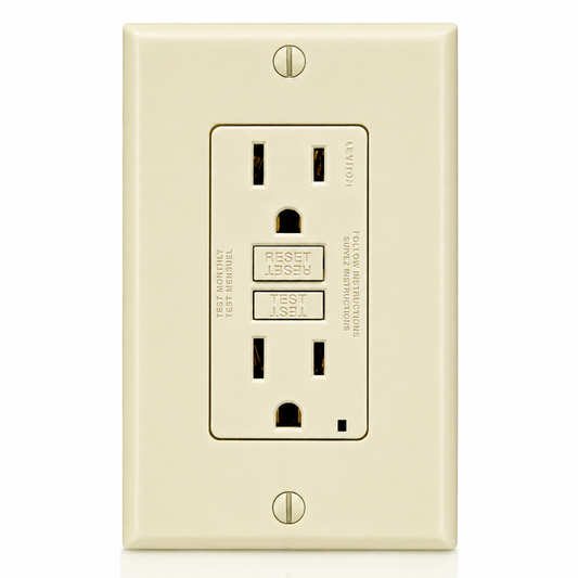Leviton® SmartlockPro® Slim® GFNT1-I Duplex Monochromatic Non-Tamper Resistant Self-Test GFCI Receptacle With Wallplate, LED Indicator, 125 VAC, 15 A, 2 Poles, 3 Wires, Ivory