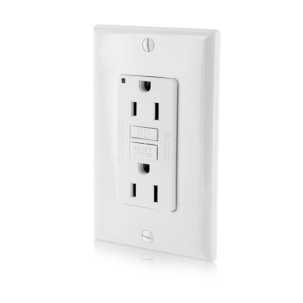 Leviton® SmartlockPro® Slim® GFNT1-W Duplex Monochromatic Non-Tamper Resistant Self-Test GFCI Receptacle With Wallplate, LED Indicator, 125 VAC, 15 A, 2 Poles, 3 Wires, White