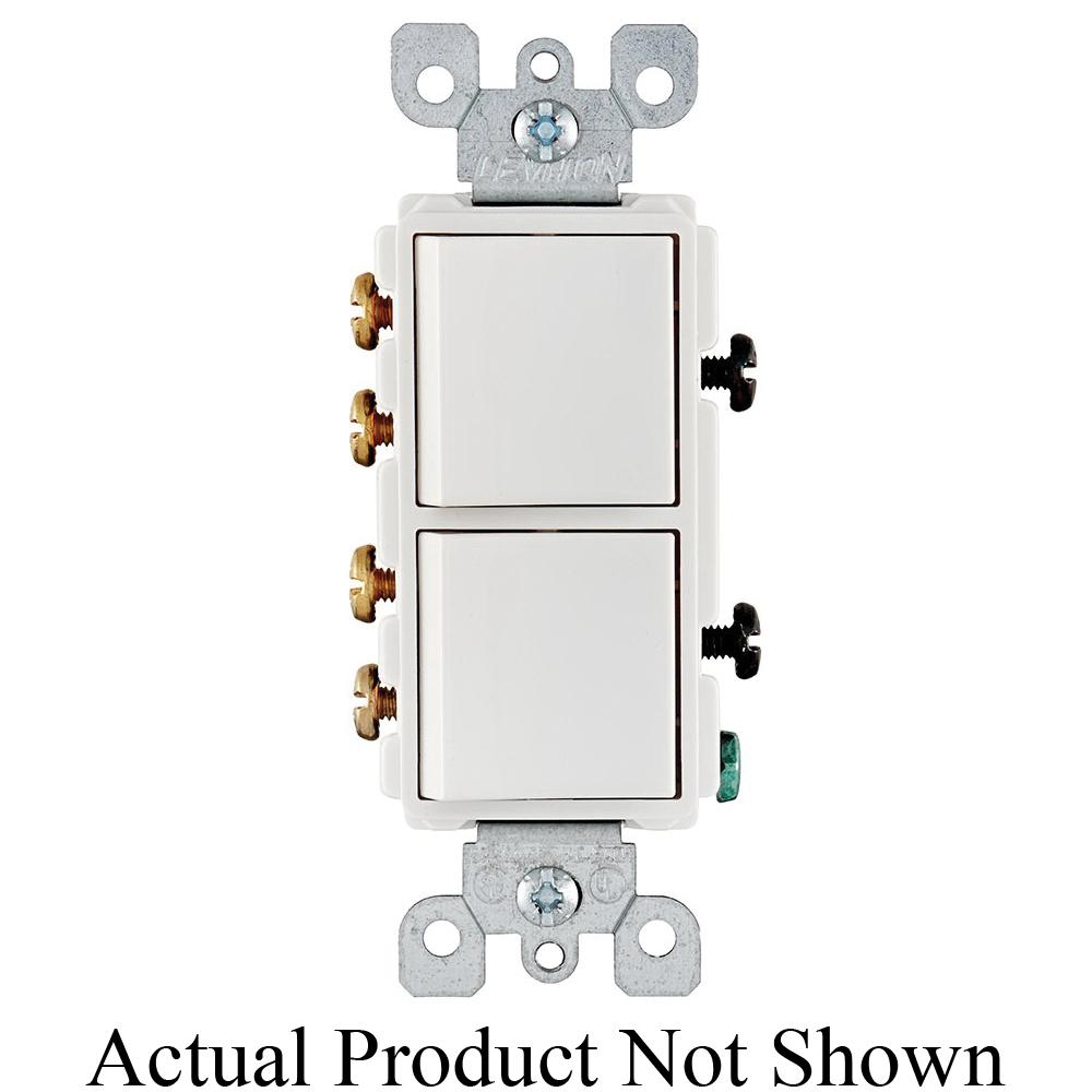 Leviton® Decora® 1755-2W Traditional 3-Way Grounding Combination Switch With Grounding Lead Screw Terminal, Push-In Wiring, 15/20 A, 120 VAC, 1-Pole