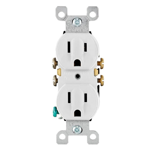 Leviton® 5320-WCP Duplex Grounding Straight Blade Receptacle, 125 VAC, 15 A, 2 Poles, 3 Wires, White