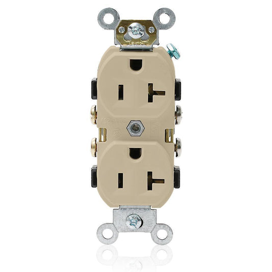 Leviton® CR20-I 1-Phase Duplex Indented Face Straight Blade Receptacle, 125 VAC, 20 A, 2 Poles, 3 Wires, Ivory