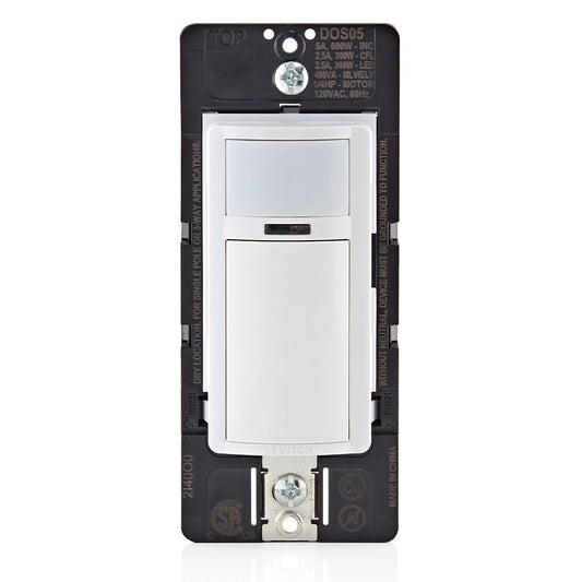 Leviton® Decora® DOS05-1LZ 1-Pole 3-Way Relay Occupancy Motion Sensor, 120 VAC, Passive Infrared Sensor, 900 sq-ft Coverage, 180 deg Viewing, Wall Mount