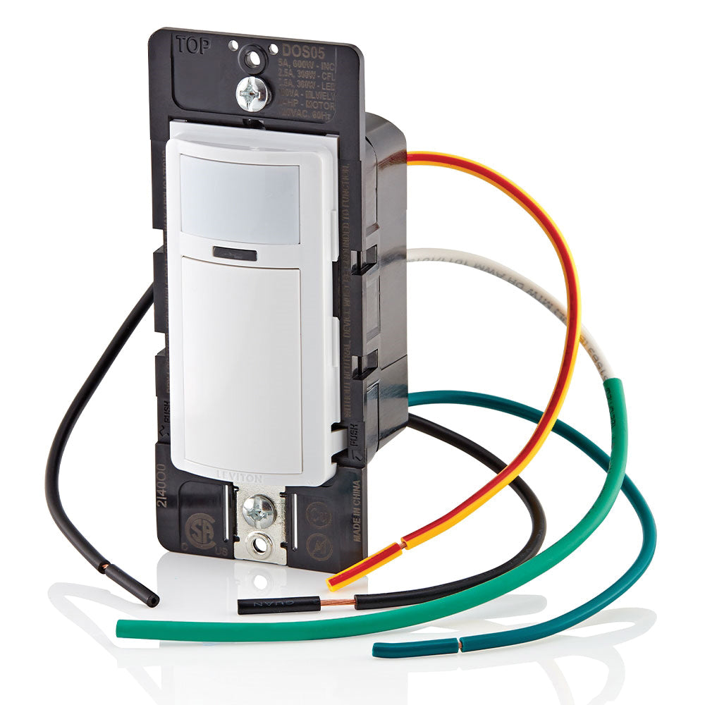 Leviton® Decora® DOS05-1LZ 1-Pole 3-Way Relay Occupancy Motion Sensor, 120 VAC, Passive Infrared Sensor, 900 sq-ft Coverage, 180 deg Viewing, Wall Mount