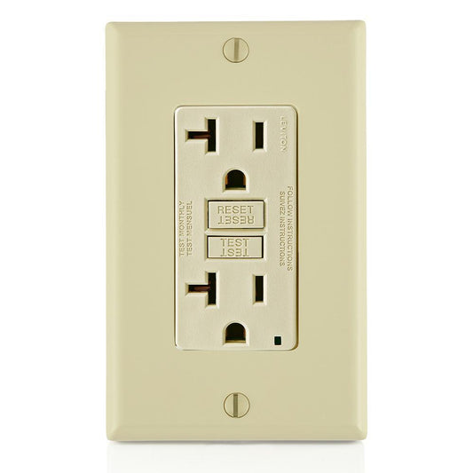 Leviton® SmartlockPro® Slim® GFNT2-I Feed-Through Monochromatic Non-Tamper Resistant Self-Test Standard Duplex GFCI Receptacle With LED Indicator, 125 VAC, 20 A, 2 Poles, 3 Wires, Ivory