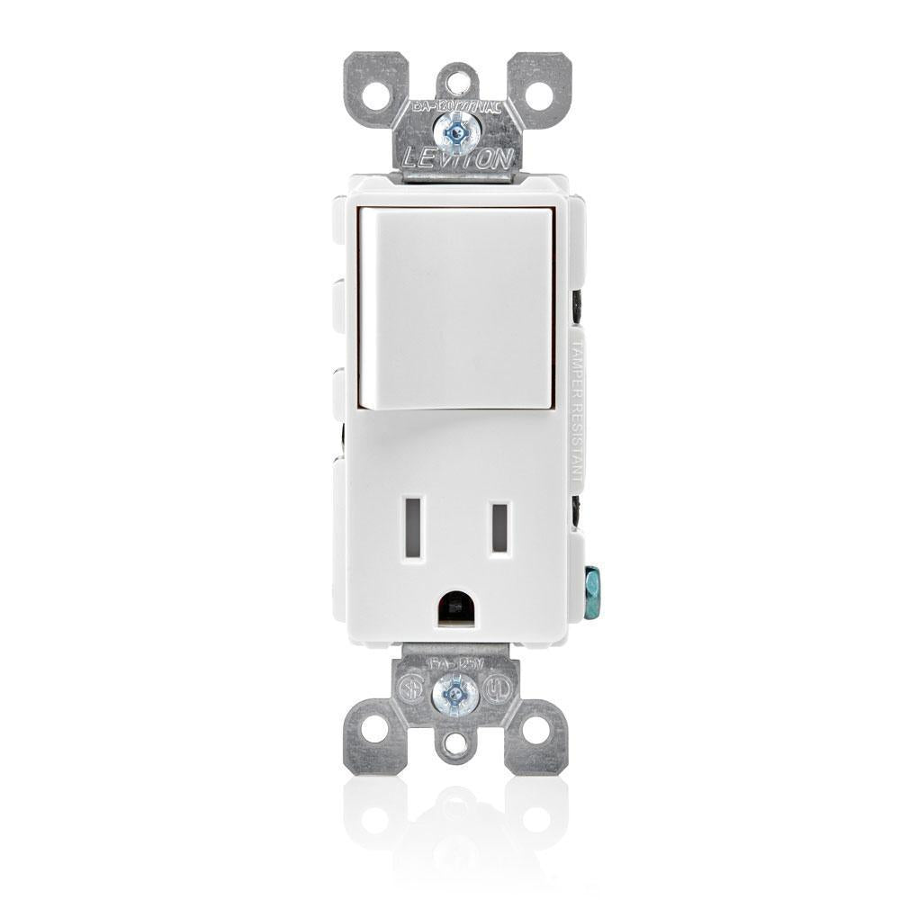 Leviton® Decora® Plug Into Safety® T5625-W Tamper-Resistant Combination Receptacle Switch, 12/15 A, 120/125 VAC, 60 Hz, 1 Poles