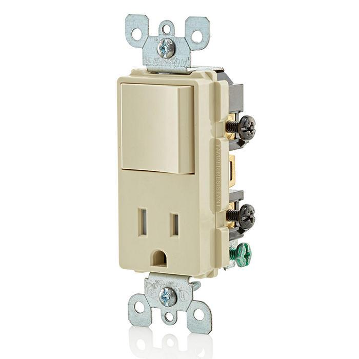 Leviton® Decora® Plug Into Safety® T5625-I Tamper-Resistant Combination Receptacle Switch, 12/15 A, 120/125 VAC, 60 Hz, 1 Poles