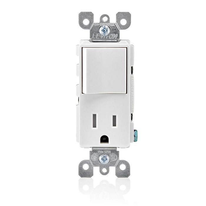 Leviton® Decora® Plug Into Safety® T5625-W Tamper-Resistant Combination Receptacle Switch, 12/15 A, 120/125 VAC, 60 Hz, 1 Poles