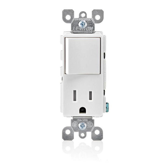 Leviton® Decora® Plug Into Safety® T5625-W Tamper-Resistant Combination Receptacle Switch, 12/15 A, 120/125 VAC, 60 Hz, 1 Poles