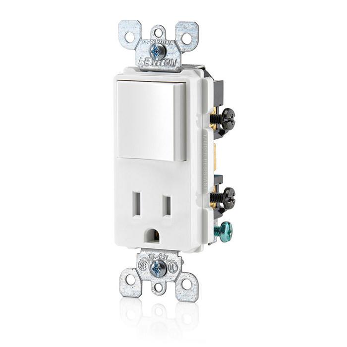 Leviton® Decora® Plug Into Safety® T5625-W Tamper-Resistant Combination Receptacle Switch, 12/15 A, 120/125 VAC, 60 Hz, 1 Poles