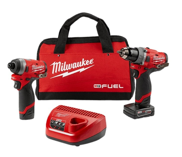 Milwaukee 259822 M12 FUEL 2-Tool Combo Kit, 1/2 in. Hammer Drill and 1/4 in. Hex Impact Driver, 2 Batteries