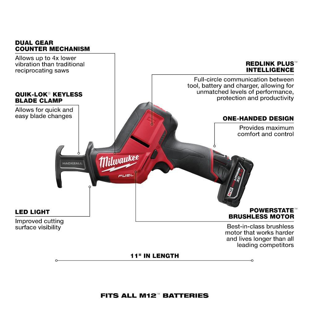 Milwaukee M12 FUEL 2520-21XC Cordless Reciprocating Saw Kit, 5/8 in L Stroke, 3000 spm, Straight Stroke, 12 VDC, 13-1/4 in OAL