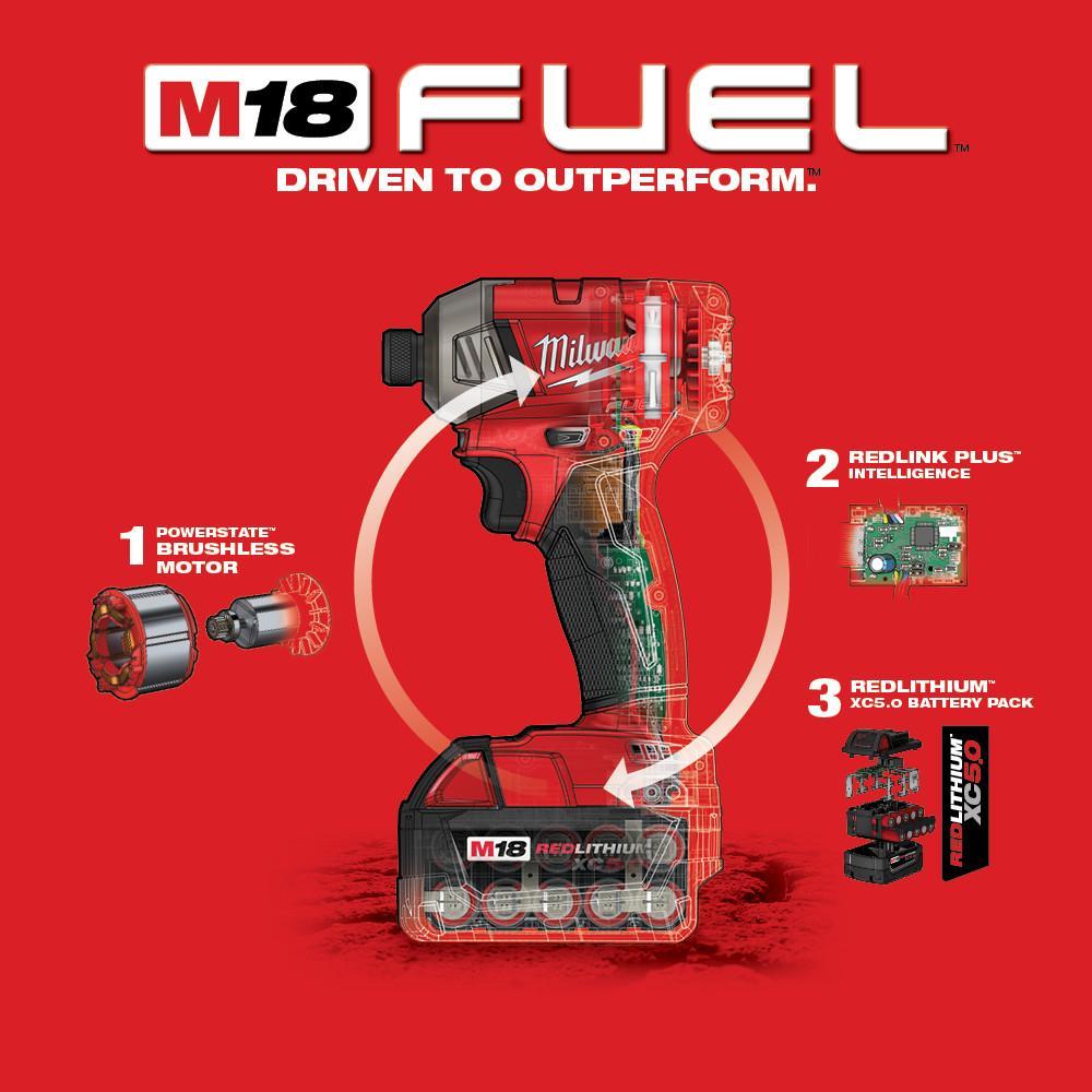 Milwaukee M18 FUEL 2760-22 Cordless Impact Driver Kit, 1/4 in Hex/Straight Drive, 4000 bpm, 450 in-lb Torque, 18 VDC, 5 in OAL