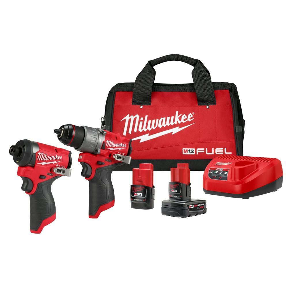 Milwaukee 349722 M12 FUEL 2-Tool Combo Kit, 1/2 in. Hammer Drill and 1/4 in. Impact Driver, 2 Batteries