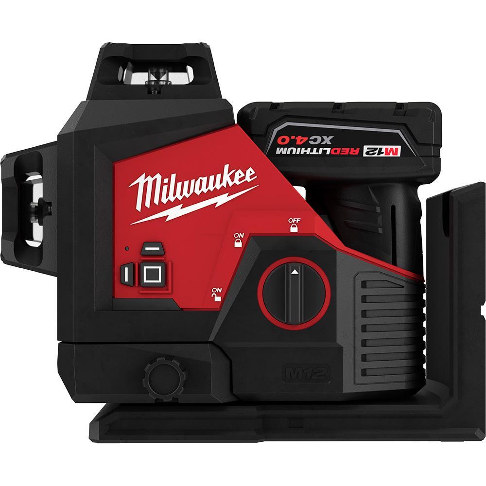 Milwaukee 3632-21 M12 360 deg Automatic Cordless Self Leveling 3-Plane Laser, 125 ft Measuring, +/- 1/8 in at 33 ft Accuracy, 12 V, M12 REDLITHIUM 4.0 XC Battery, Reinforced Nylon Housing
