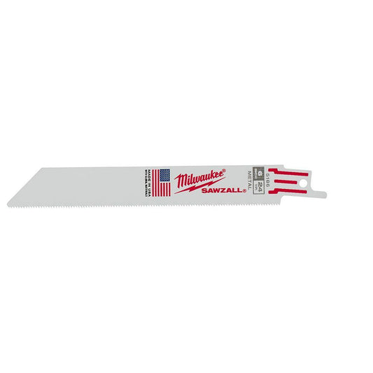 Milwaukee SAWZALL 48-00-5186 Double Duty Straight Back Thin Kerf Reciprocating Saw Blade, 6 in L x 3/4 in W, 24 TPI, Bi-Metal Body, Universal/Toothed Edge Tang
