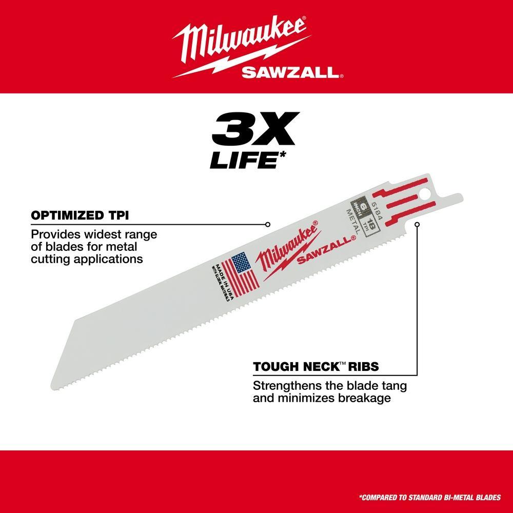 Milwaukee SAWZALL 48-00-5186 Double Duty Straight Back Thin Kerf Reciprocating Saw Blade, 6 in L x 3/4 in W, 24 TPI, Bi-Metal Body, Universal/Toothed Edge Tang