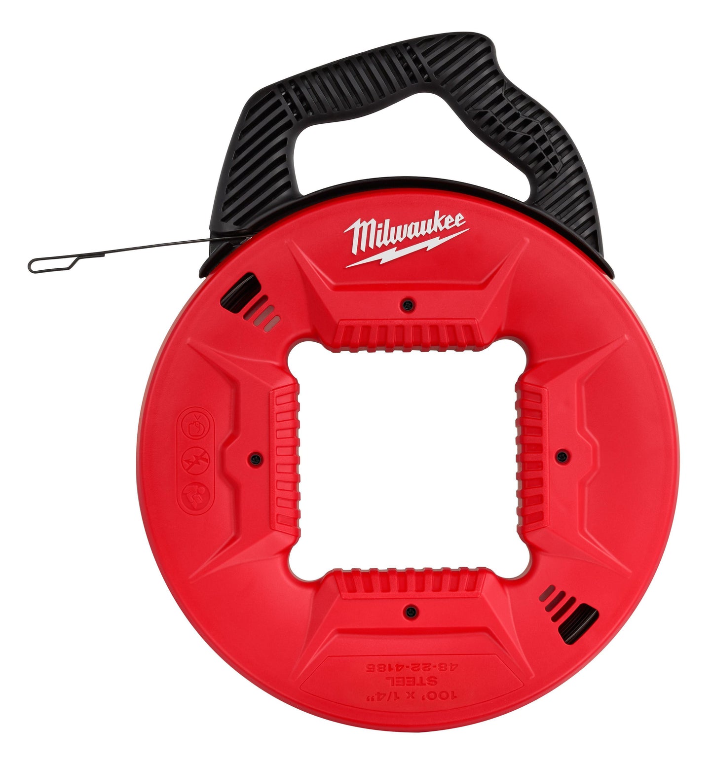 Milwaukee 48-22-4185 Fish Tape, 1/4 in Tape, 100 ft L Tape, Round Profile, Steel Tape, Black/Red