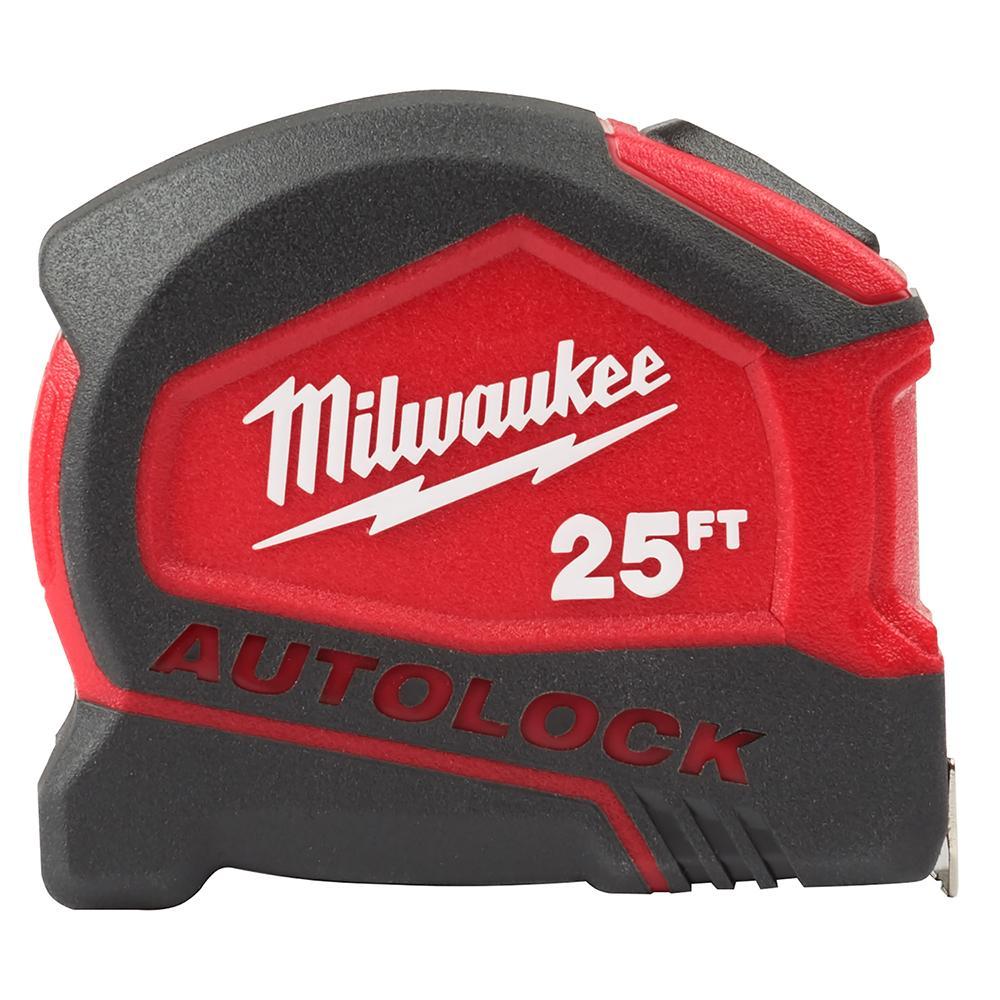 Milwaukee Autolock 48-22-6825 Compact Autolock Measuring Tape With Belt Clip, 25 ft L x 27 mm W Blade, Steel Blade, 1/16 in Graduation