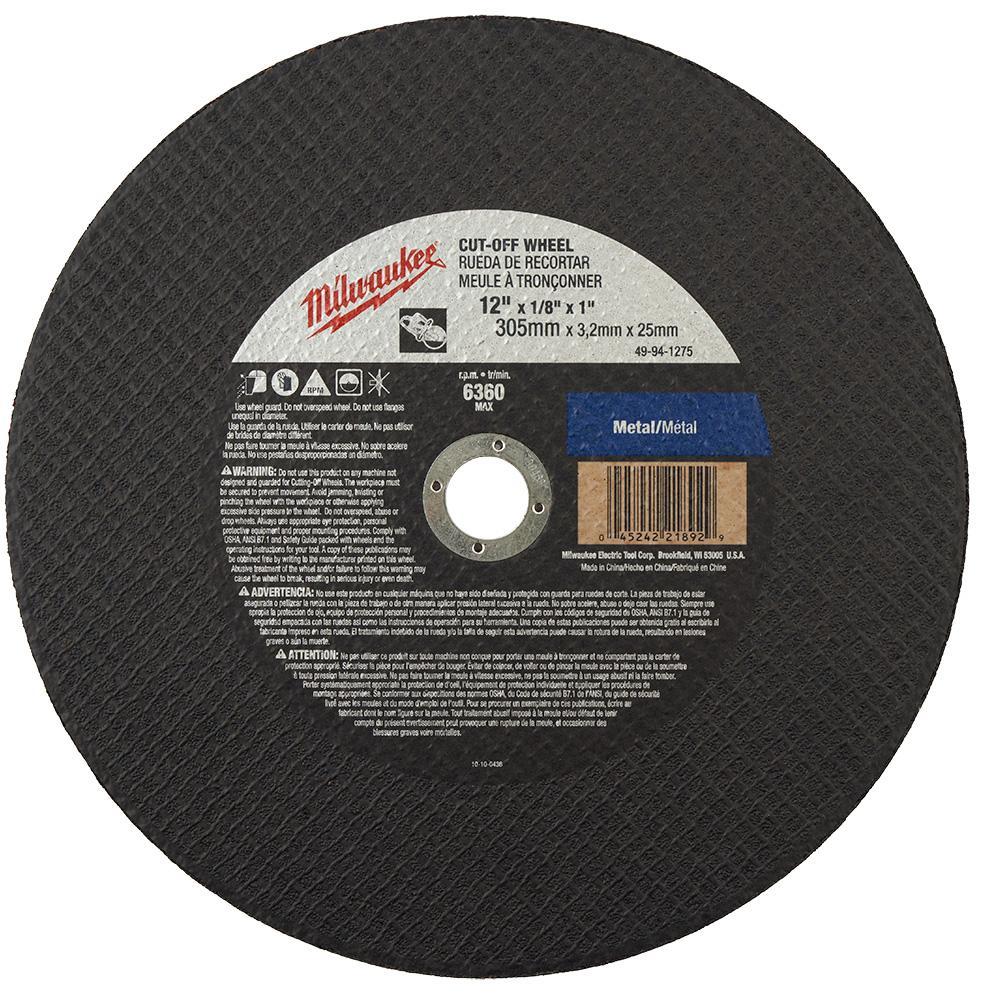 Milwaukee 49-94-1275 Type 1 Cut-Off Wheel, 12 in Dia x 1/8 in THK, 1 in Center Hole, A24R Grit, Aluminum Oxide Abrasive