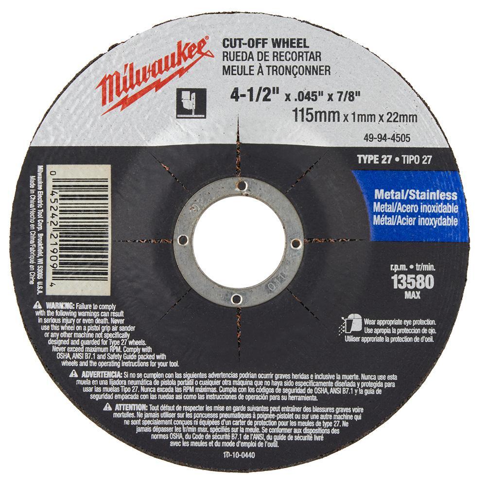Milwaukee 49-94-4505 Type 27 Reinforced Cut-Off Wheel, 4-1/2 in Dia x 0.045 in THK, 7/8 in Center Hole, 60 Grit, Aluminum Oxide Abrasive