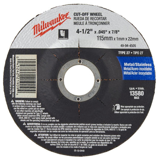 Milwaukee 49-94-4505 Type 27 Reinforced Cut-Off Wheel, 4-1/2 in Dia x 0.045 in THK, 7/8 in Center Hole, 60 Grit, Aluminum Oxide Abrasive