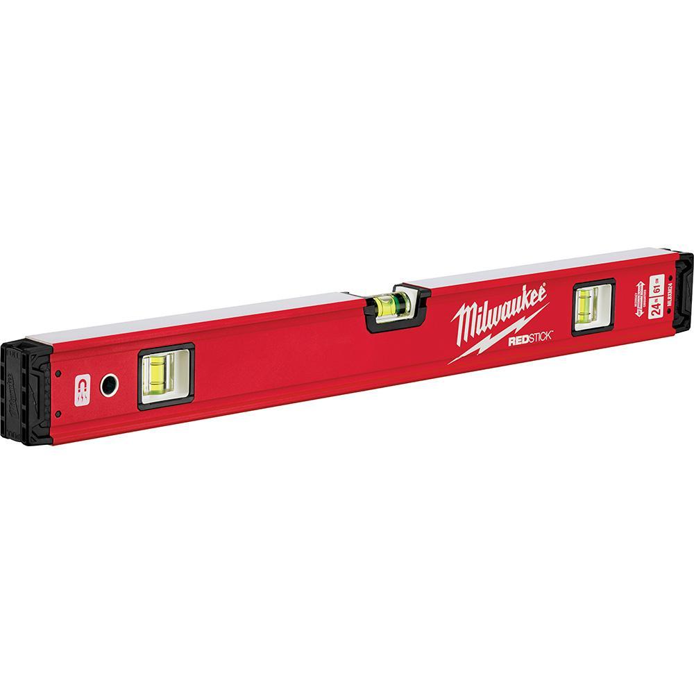 Milwaukee REDSTICK MLBXM24 Magnetic Box Level, 24 in L, 3 Vials, Aluminum, (1) Level/(2) Plumb Vial Position, 0.0005 in/in Accuracy