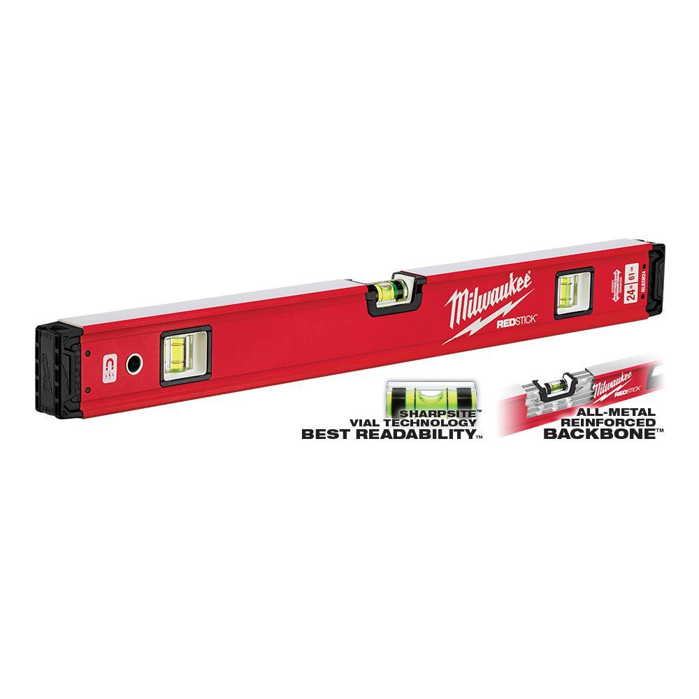 Milwaukee REDSTICK MLBXM24 Magnetic Box Level, 24 in L, 3 Vials, Aluminum, (1) Level/(2) Plumb Vial Position, 0.0005 in/in Accuracy