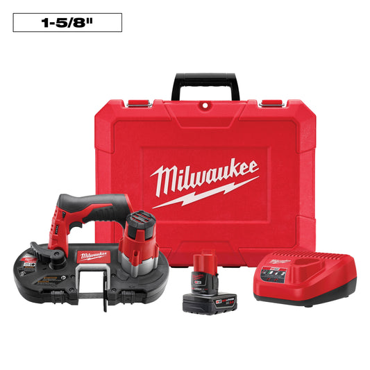 Milwaukee 2429-21XC Sub-Compact Cordless Band Saw Kit, 1-5/8 in Cutting, 27 in L x 0.5 in W x 0.02 in THK Blade, 12 VDC, 3 Ah Li-Ion Battery
