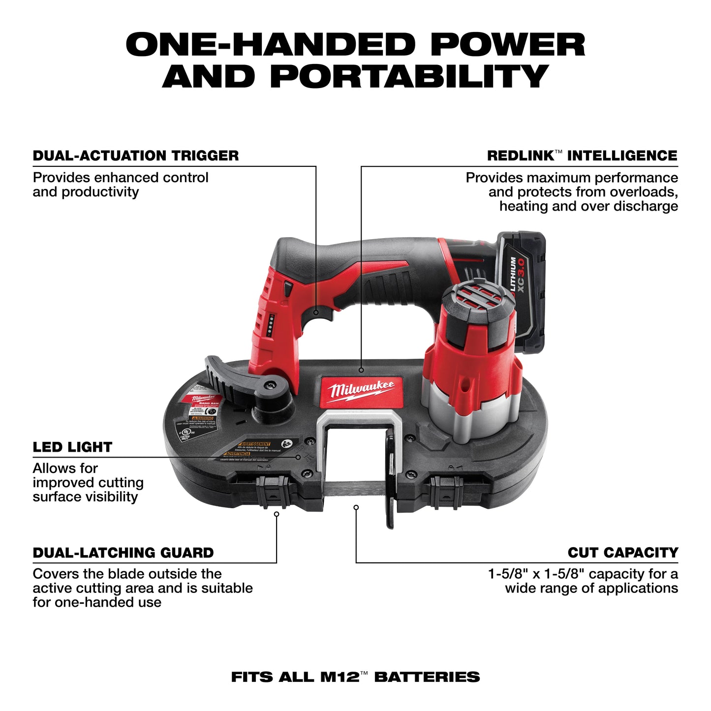 Milwaukee 2429-21XC Sub-Compact Cordless Band Saw Kit, 1-5/8 in Cutting, 27 in L x 0.5 in W x 0.02 in THK Blade, 12 VDC, 3 Ah Li-Ion Battery